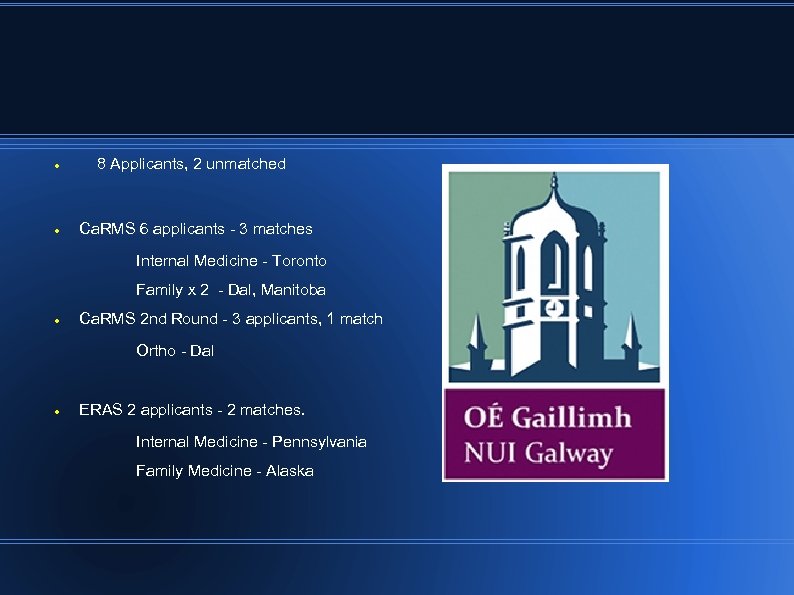  8 Applicants, 2 unmatched Ca. RMS 6 applicants - 3 matches Internal Medicine
