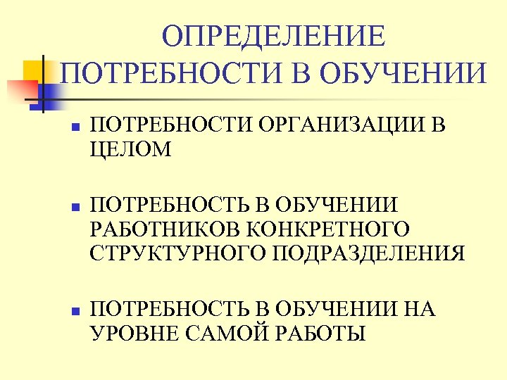 ОПРЕДЕЛЕНИЕ ПОТРЕБНОСТИ В ОБУЧЕНИИ n n n ПОТРЕБНОСТИ ОРГАНИЗАЦИИ В ЦЕЛОМ ПОТРЕБНОСТЬ В ОБУЧЕНИИ