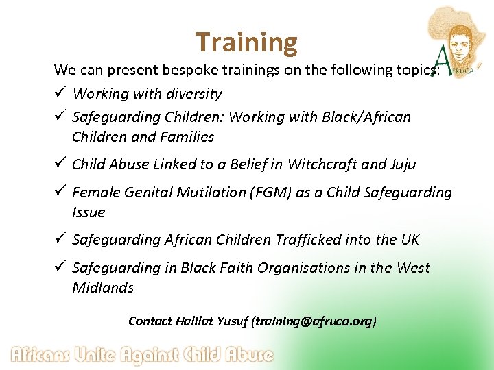 Training We can present bespoke trainings on the following topics: ü Working with diversity