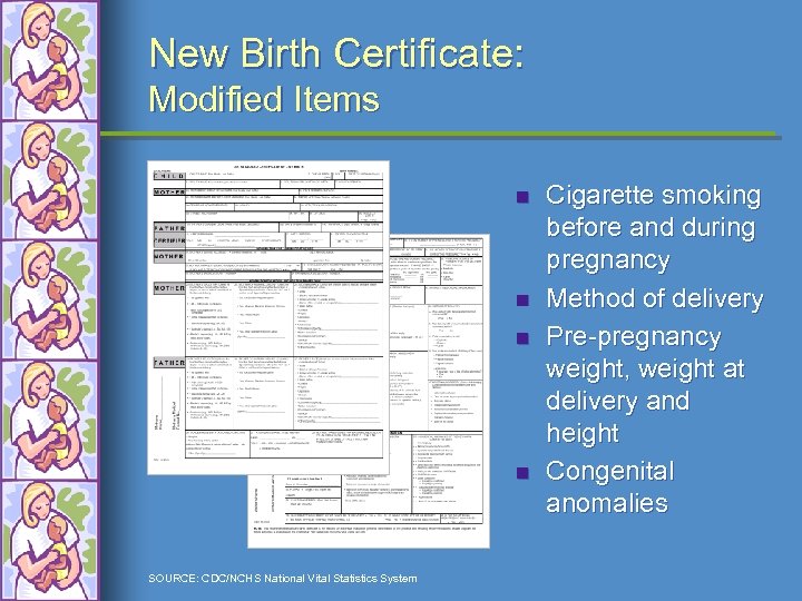 New Birth Certificate: Modified Items n n SOURCE: CDC/NCHS National Vital Statistics System Cigarette