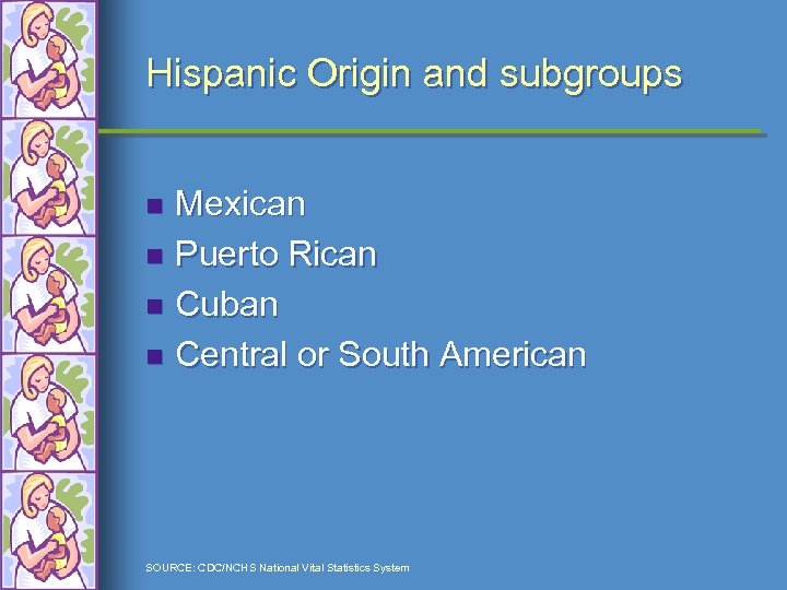 Hispanic Origin and subgroups Mexican n Puerto Rican n Cuban n Central or South