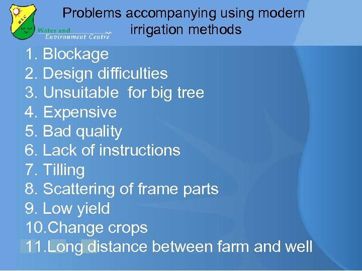 Problems accompanying using modern irrigation methods 1. Blockage 2. Design difficulties 3. Unsuitable for