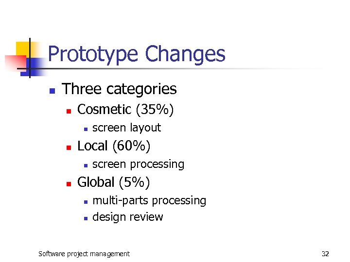 Prototype Changes n Three categories n Cosmetic (35%) n n Local (60%) n n