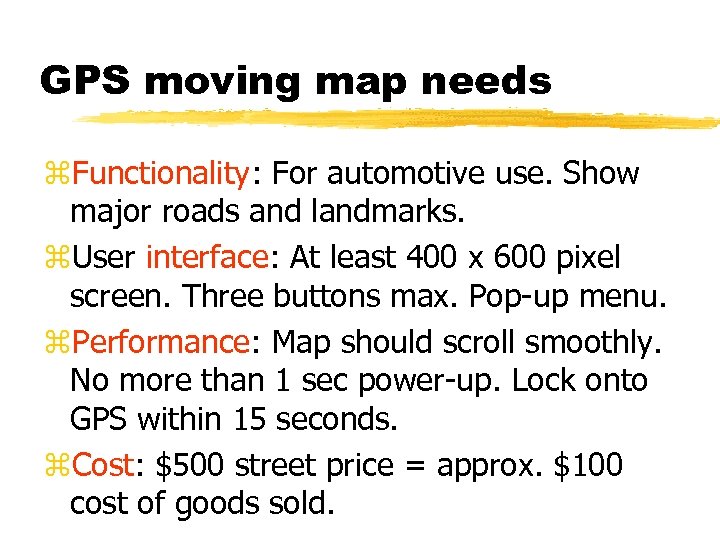 GPS moving map needs z. Functionality: For automotive use. Show major roads and landmarks.