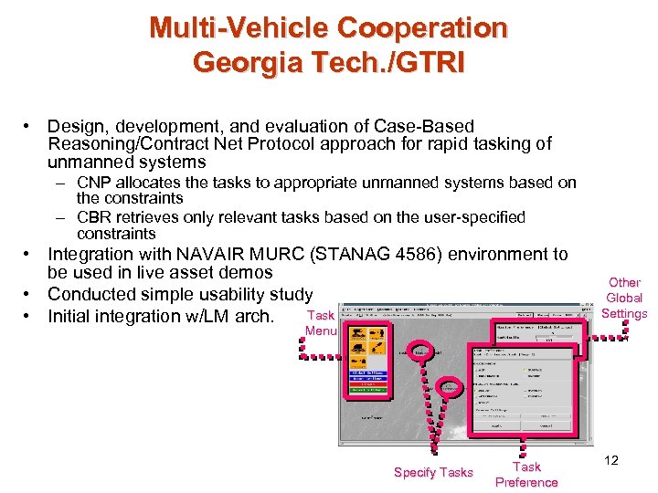Multi-Vehicle Cooperation Georgia Tech. /GTRI • Design, development, and evaluation of Case-Based Reasoning/Contract Net