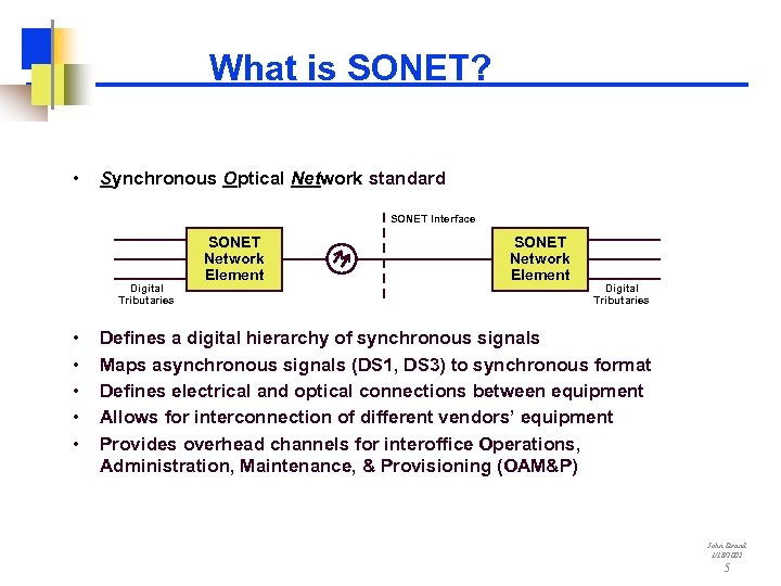 What is SONET? • Synchronous Optical Network standard SONET Interface Digital Tributaries • •