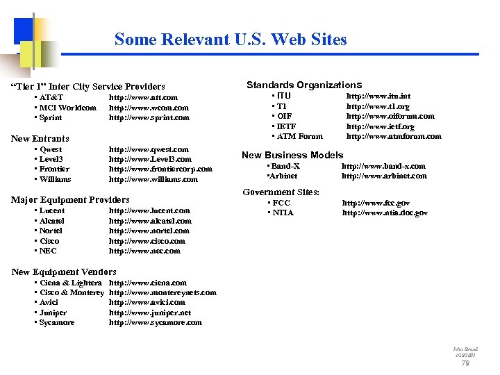 Some Relevant U. S. Web Sites “Tier 1” Inter City Service Providers • AT&T