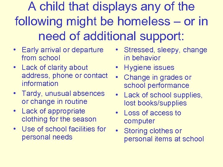 A child that displays any of the following might be homeless – or in