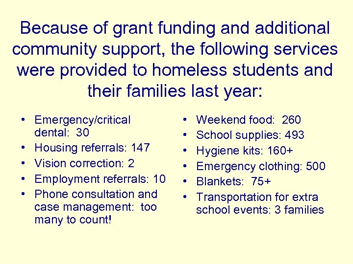 Because of grant funding and additional community support, the following services were provided to