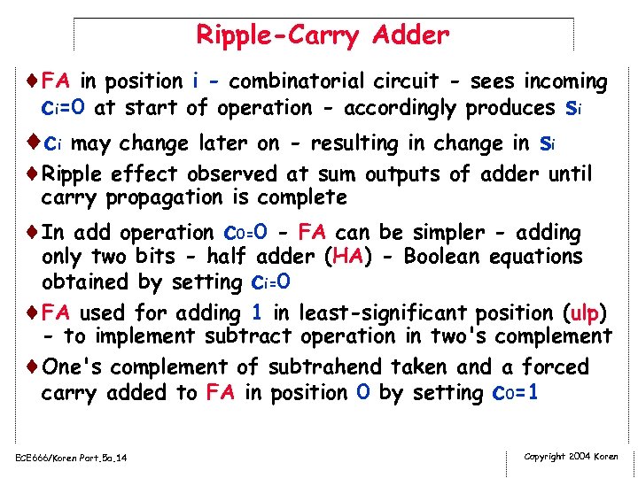 Ripple-Carry Adder ¨FA in position i - combinatorial circuit - sees incoming ci=0 at
