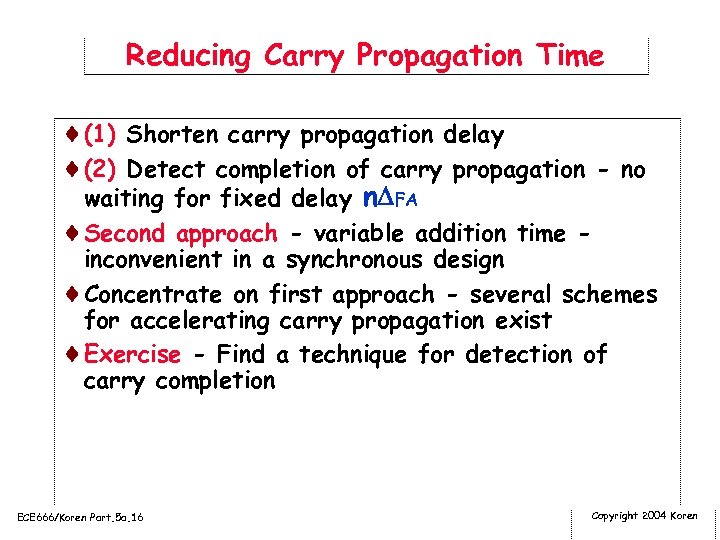 Reducing Carry Propagation Time ¨(1) Shorten carry propagation delay ¨(2) Detect completion of carry