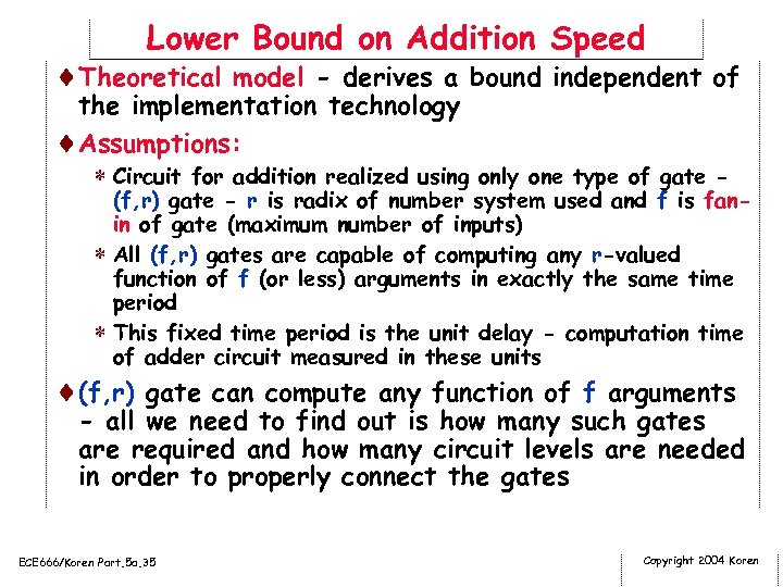 Lower Bound on Addition Speed ¨Theoretical model - derives a bound independent of the