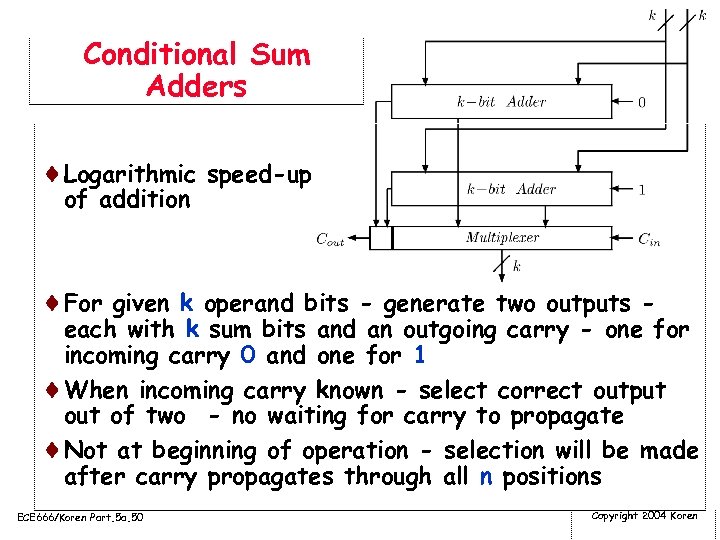 Conditional Sum Adders ¨Logarithmic speed-up of addition ¨For given k operand bits - generate
