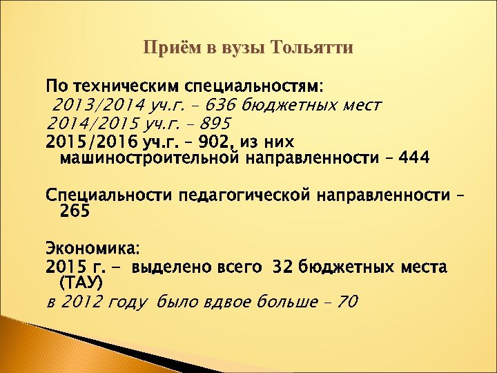 Приём в вузы Тольятти По техническим специальностям: 2013/2014 уч. г. – 636 бюджетных мест