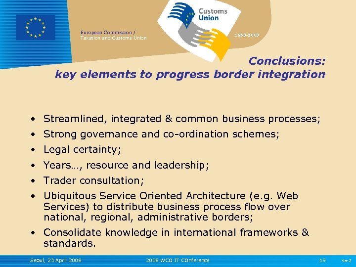 European Commission / Taxation and Customs Union 1968 -2008 Conclusions: key elements to progress