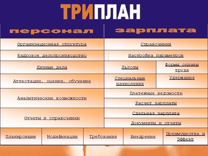 Организационная структура Справочники Кадровое делопроизводство Настройка параметров Личные дела Льготы Аттестации, оценки, обучение Специальные