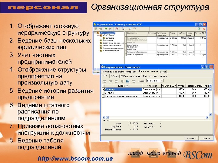 Организационная структура 1. Отображает сложную иерархическую структуру 2. Ведение базы нескольких юридических лиц 3.