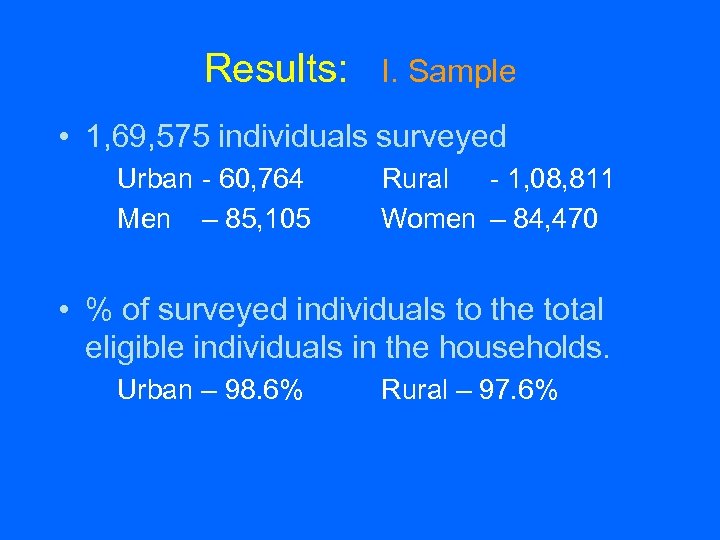 Results: I. Sample • 1, 69, 575 individuals surveyed Urban - 60, 764 Men
