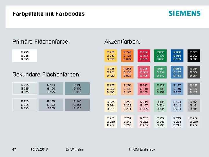 Farbpalette mit Farbcodes Primäre Flächenfarbe: Akzentfarben: R 255 G 210 B 078 R 255