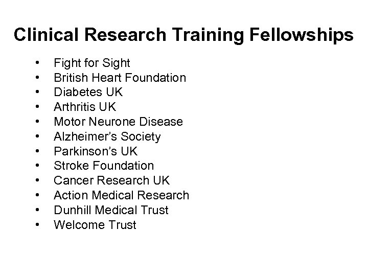 Clinical Research Training Fellowships • • • Fight for Sight British Heart Foundation Diabetes