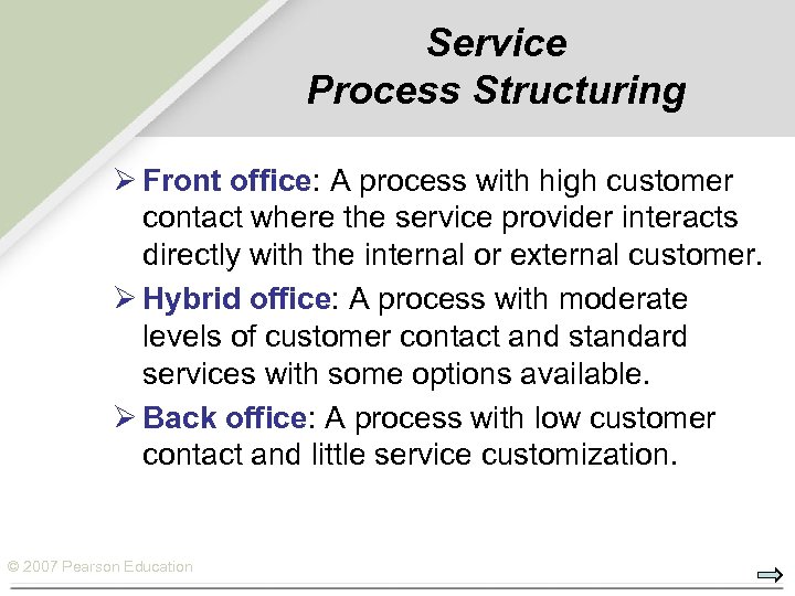 Service Process Structuring Ø Front office: A process with high customer contact where the