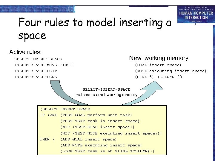 Four rules to model inserting a space Active rules: SELECT-INSERT-SPACE-MOVE-FIRST INSERT-SPACE-DOIT INSERT-SPACE-DONE New working