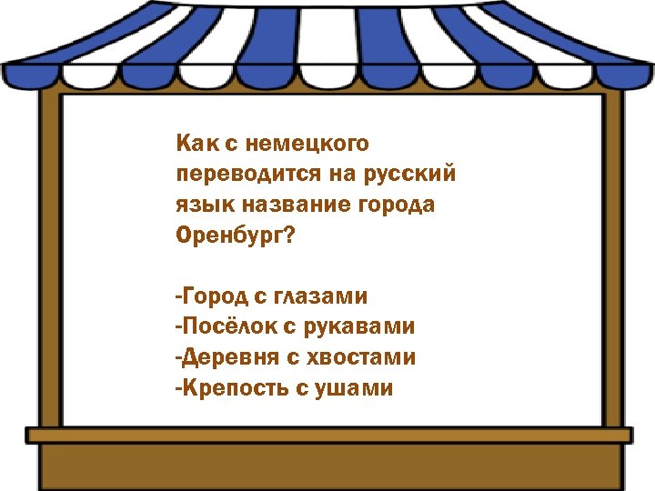 Как с немецкого переводится на русский язык название города Оренбург? -Город с глазами -Посёлок