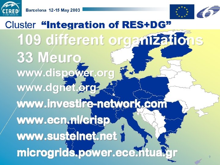 Barcelona 12 -15 May 2003 Cluster “Integration of RES+DG” 109 different organizations 33 Meuro