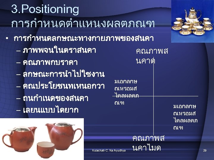 3. Positioning การกำหนดตำแหนงผลตภณฑ • การกำหนดลกษณะทางกายภาพของสนคา – ภาพพจนในตราสนคา คณภาพส นคาด – คณภาพกบราคา – ลกษณะการนำไปใชงาน มเอกลกษ