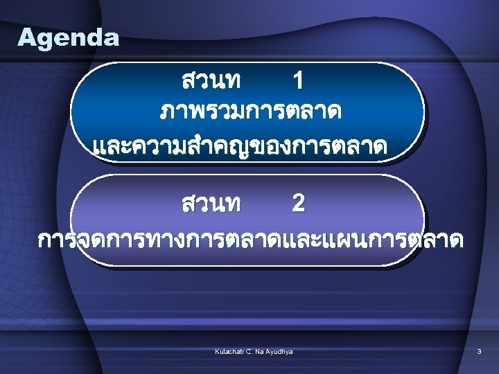 Agenda สวนท 1 ภาพรวมการตลาด และความสำคญของการตลาด สวนท 2 การจดการทางการตลาดและแผนการตลาด Kulachatr C. Na Ayudhya 3 