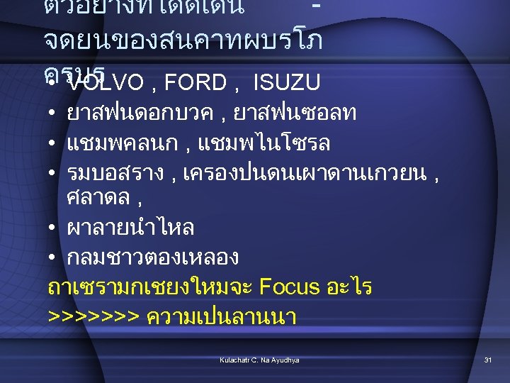 ตวอยางทโดดเดน จดยนของสนคาทผบรโภ ครบร • VOLVO , FORD , ISUZU • ยาสฟนดอกบวค , ยาสฟนซอลท •
