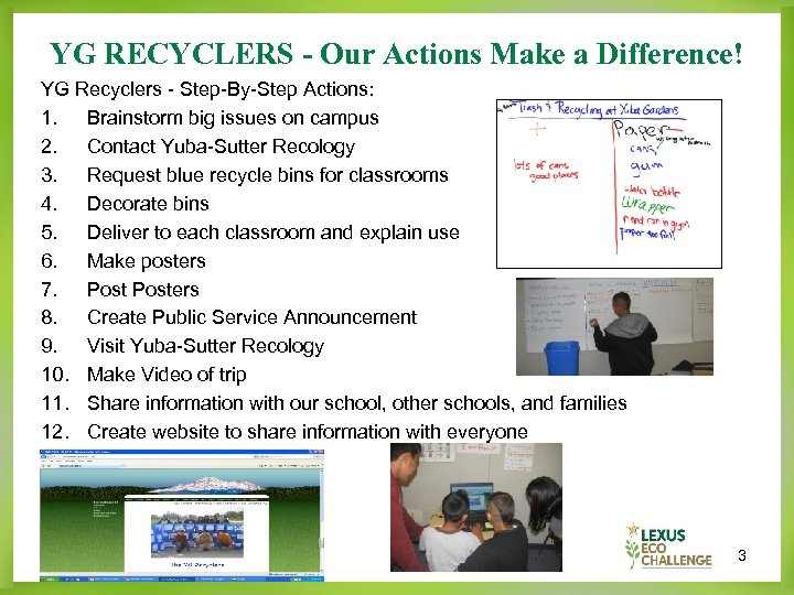 YG RECYCLERS - Our Actions Make a Difference! YG Recyclers - Step-By-Step Actions: 1.