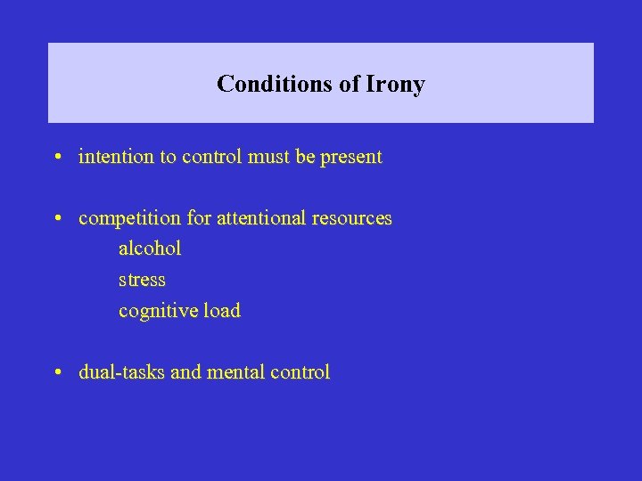 Conditions of Irony • intention to control must be present • competition for attentional