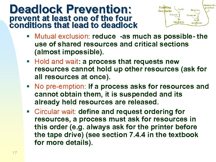 Deadlock Prevention: prevent at least one of the four conditions that lead to deadlock