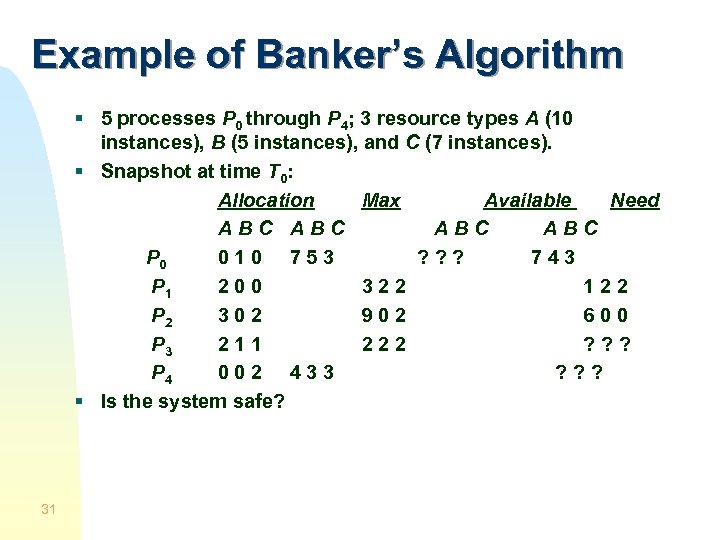 Example of Banker’s Algorithm § 5 processes P 0 through P 4; 3 resource