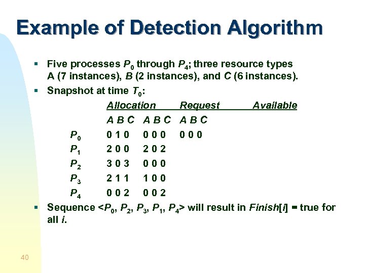 Example of Detection Algorithm § Five processes P 0 through P 4; three resource