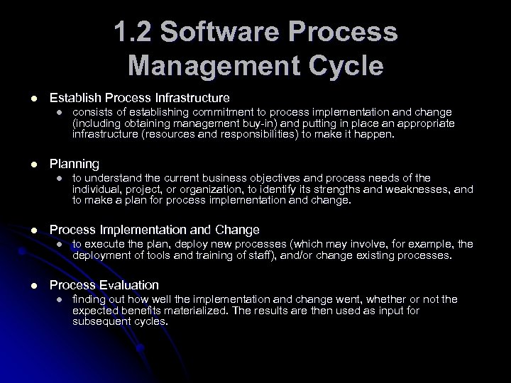 1. 2 Software Process Management Cycle l Establish Process Infrastructure l l Planning l