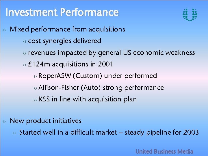 Investment Performance Mixed performance from acquisitions cost synergies delivered revenues impacted by general US