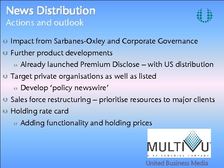 News Distribution Actions and outlook Impact from Sarbanes-Oxley and Corporate Governance Further product developments