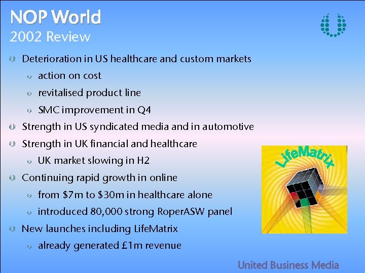 NOP World 2002 Review Deterioration in US healthcare and custom markets action on cost