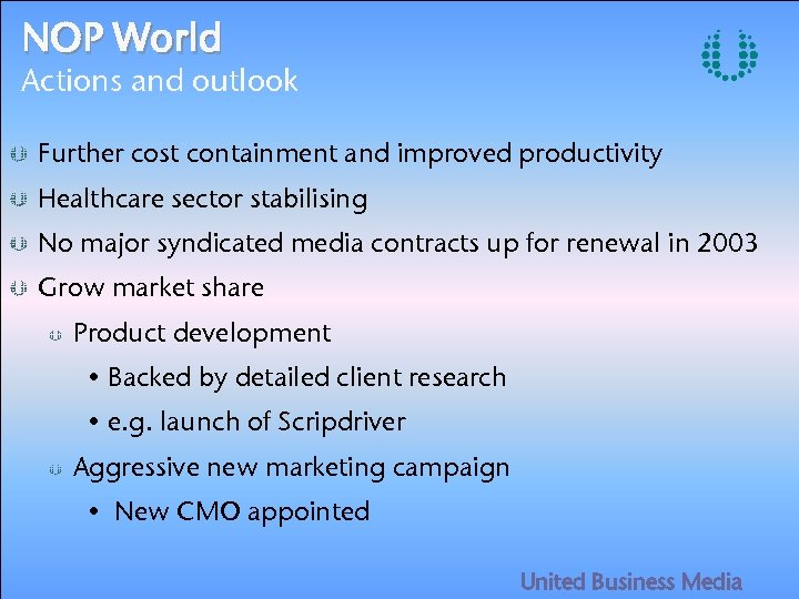 NOP World Actions and outlook Further cost containment and improved productivity Healthcare sector stabilising