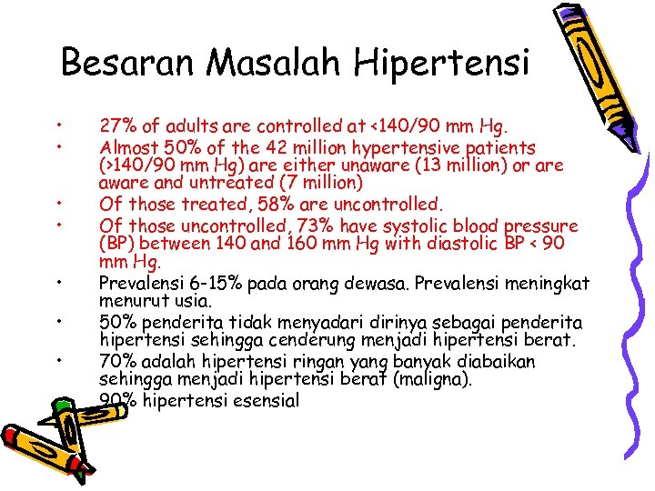 Besaran Masalah Hipertensi • • 27% of adults are controlled at <140/90 mm Hg.