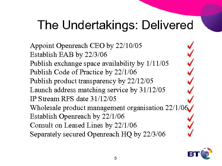 The Undertakings: Delivered Appoint Openreach CEO by 22/10/05 Establish EAB by 22/3/06 Publish exchange