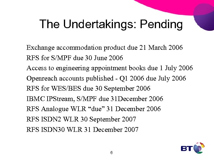 The Undertakings: Pending Exchange accommodation product due 21 March 2006 RFS for S/MPF due