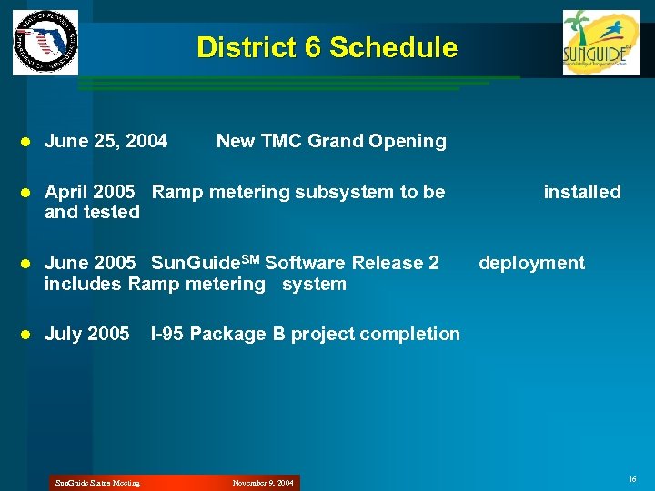 District 6 Schedule l June 25, 2004 l April 2005 Ramp metering subsystem to