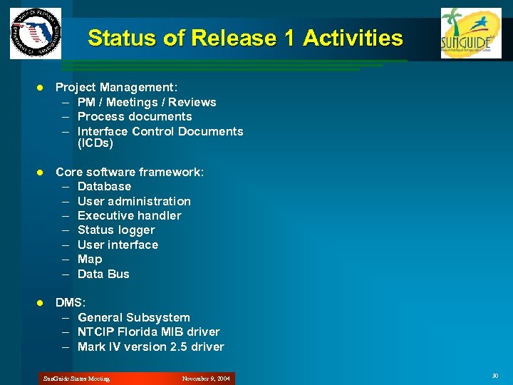 Status of Release 1 Activities l Project Management: – PM / Meetings / Reviews