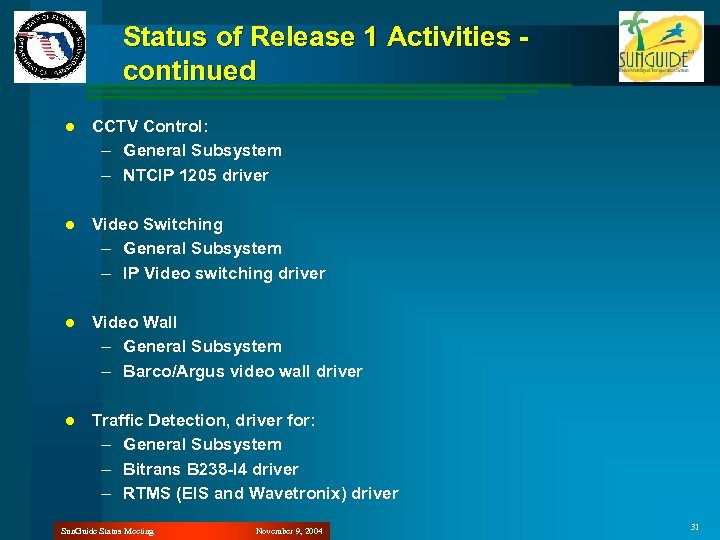 Status of Release 1 Activities continued l CCTV Control: – General Subsystem – NTCIP