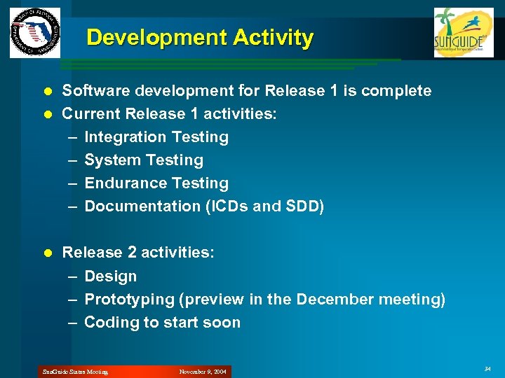 Development Activity Software development for Release 1 is complete l Current Release 1 activities: