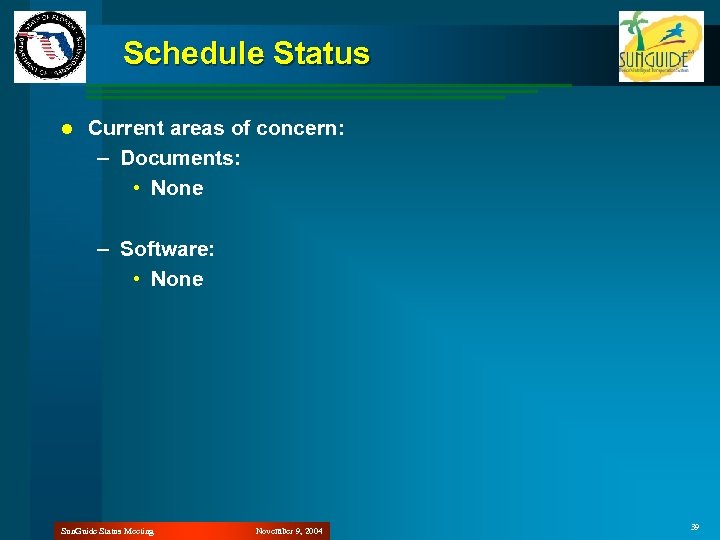 Schedule Status l Current areas of concern: – Documents: • None – Software: •