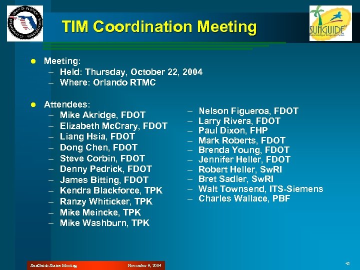 TIM Coordination Meeting l Meeting: – Held: Thursday, October 22, 2004 – Where: Orlando